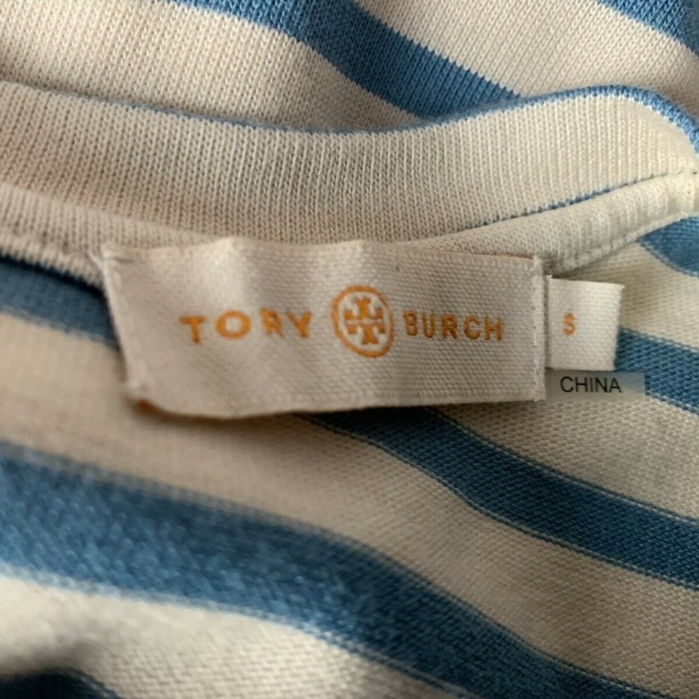 Tory Burch T-Shirt Casual Long Sleeve Blue White Striped Back Embellished Tie - Picture 11 of 13
